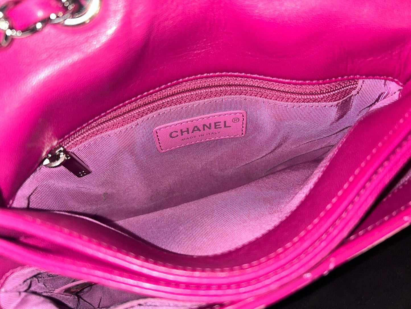 CHANEL Classic CC Crossbody Flap Bag Quilted Patent Leather Fuchsia Pink