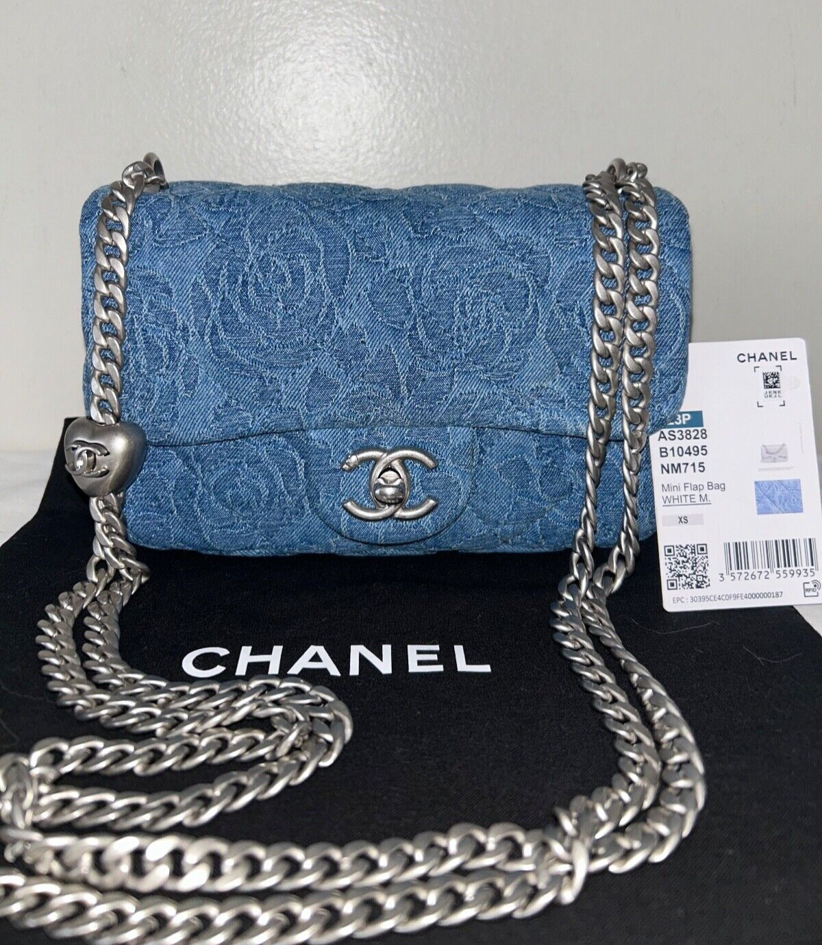 CHANEL 23P Sweetheart Crush Mini Flap Camellia Quilted Denim Blue Bag