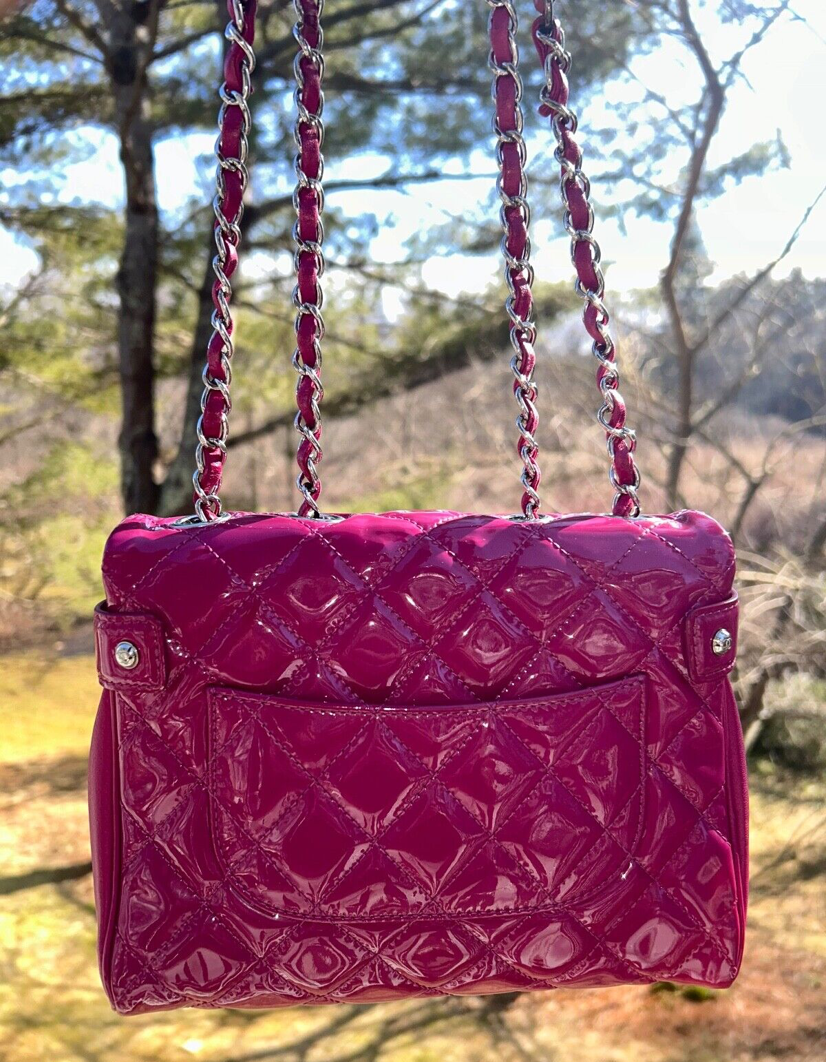 CHANEL Classic CC Crossbody Flap Bag Quilted Patent Leather Fuchsia Pink