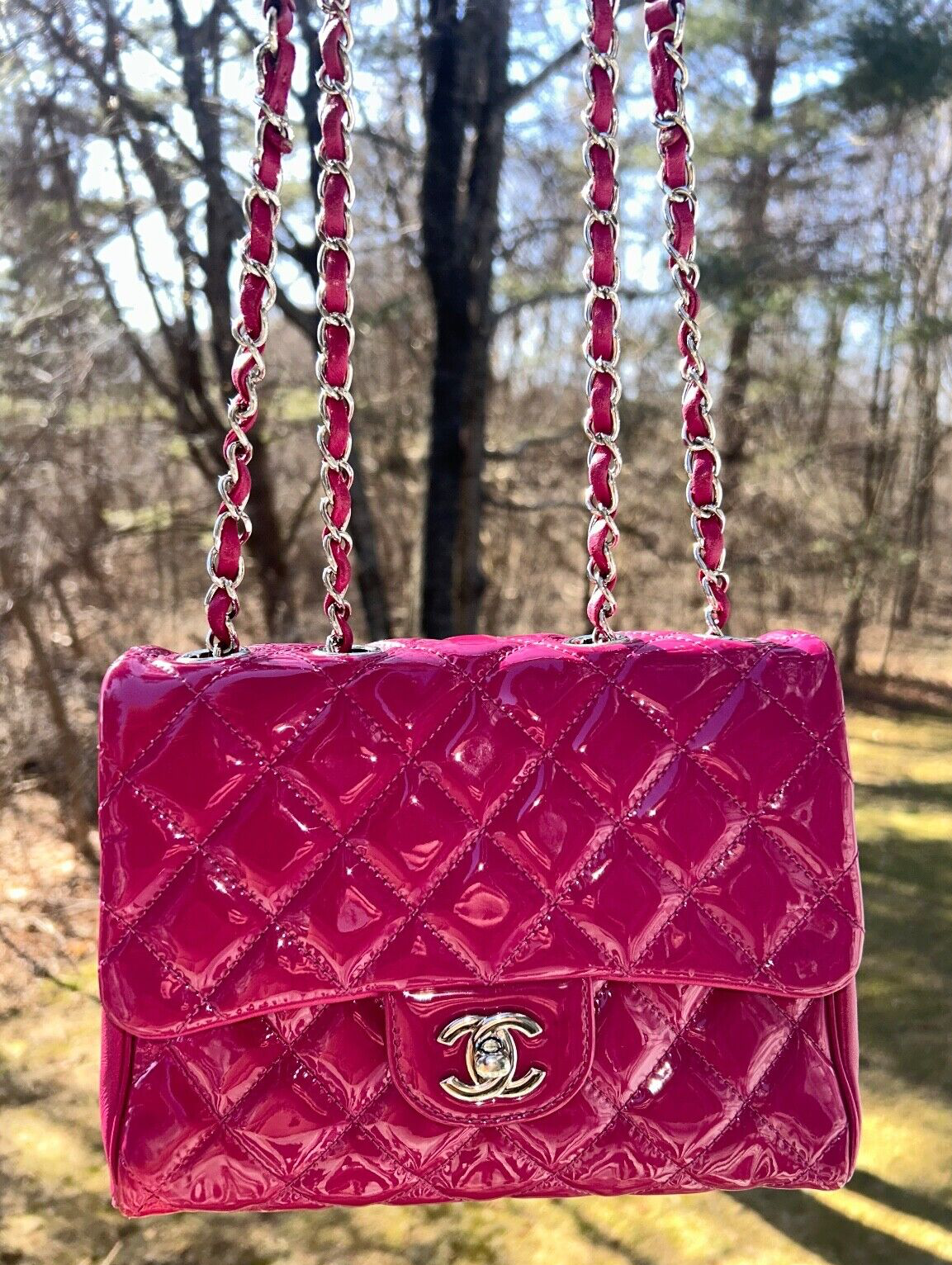 CHANEL Classic CC Crossbody Flap Bag Quilted Patent Leather Fuchsia Pink