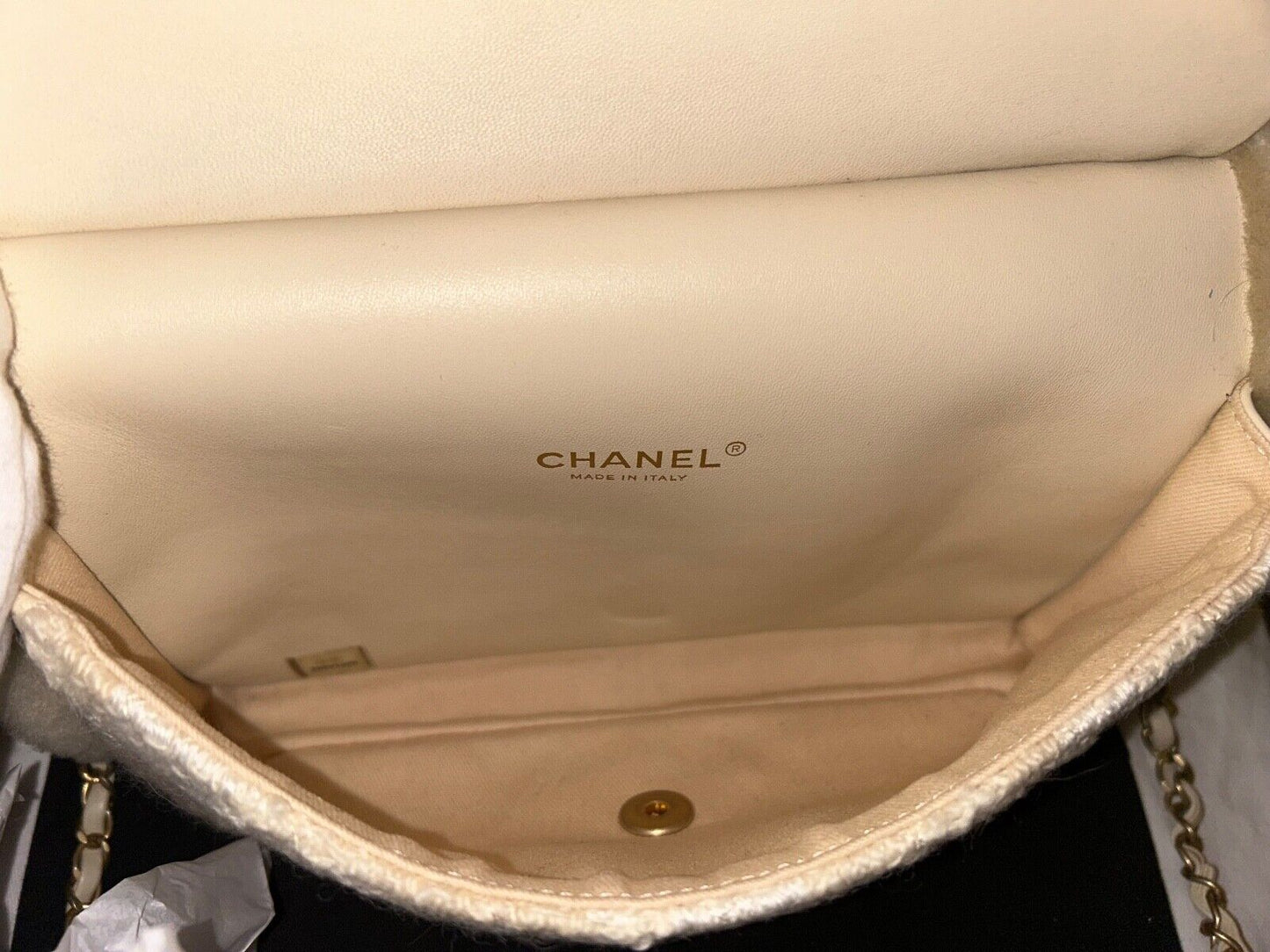 CHANEL CC Tweed Shearling Quilted Lambskin Flap Muff Crossbody Bag Cream