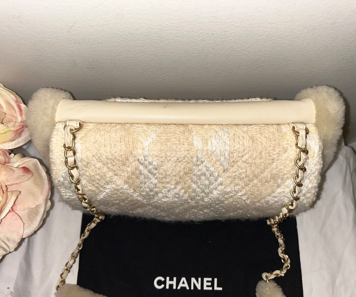 CHANEL CC Tweed Shearling Quilted Lambskin Flap Muff Crossbody Bag Cream