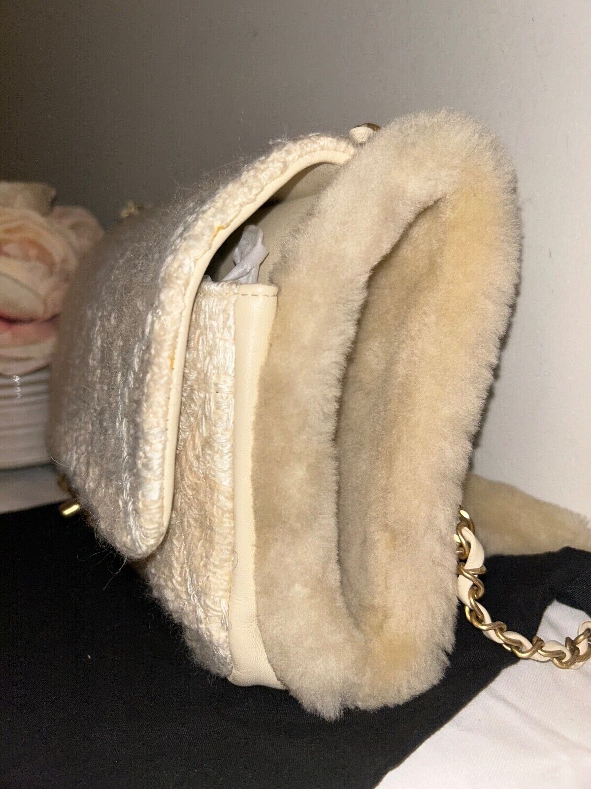 CHANEL CC Tweed Shearling Quilted Lambskin Flap Muff Crossbody Bag Cream