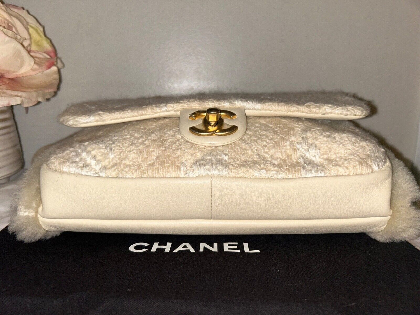 CHANEL CC Tweed Shearling Quilted Lambskin Flap Muff Crossbody Bag Cream