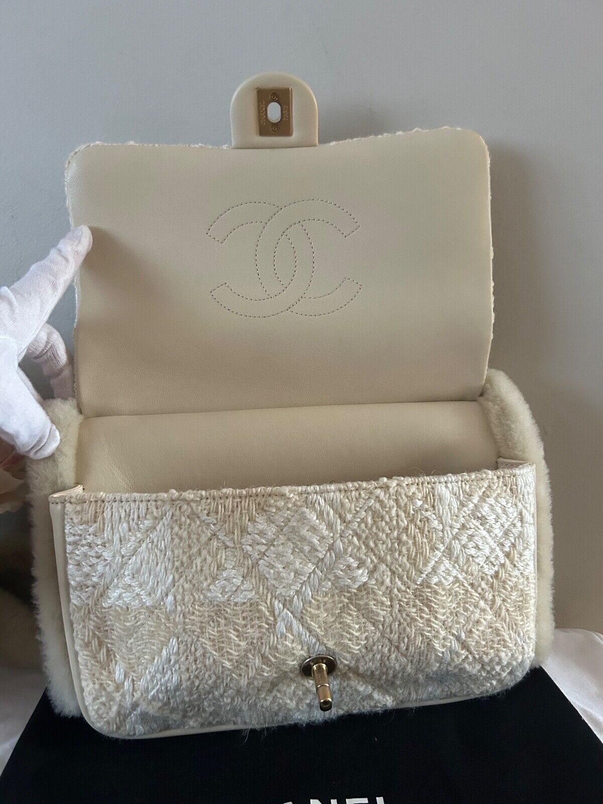 CHANEL CC Tweed Shearling Quilted Lambskin Flap Muff Crossbody Bag Cream