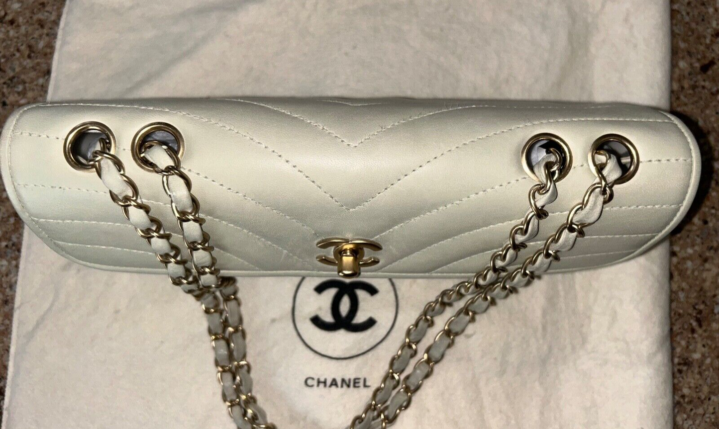 CHANEL Classic Chevron Leather Single Flap Medium Shoulder Bag Mint Green/Gold