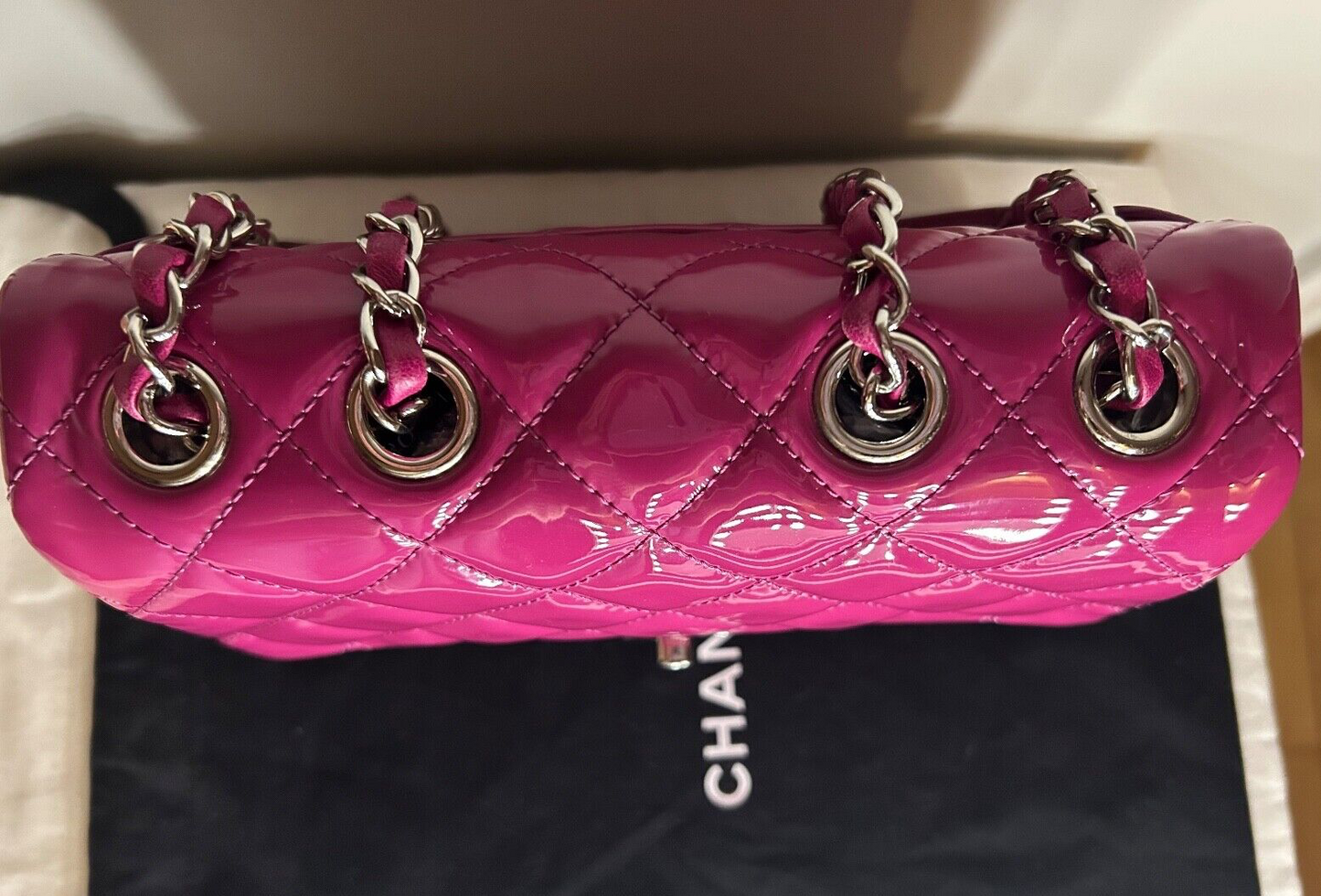 CHANEL Classic CC Crossbody Flap Bag Quilted Patent Leather Fuchsia Pink