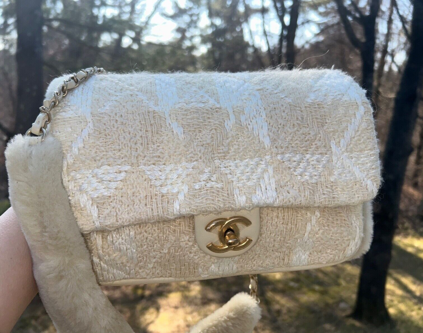 CHANEL CC Tweed Shearling Quilted Lambskin Flap Muff Crossbody Bag Cream