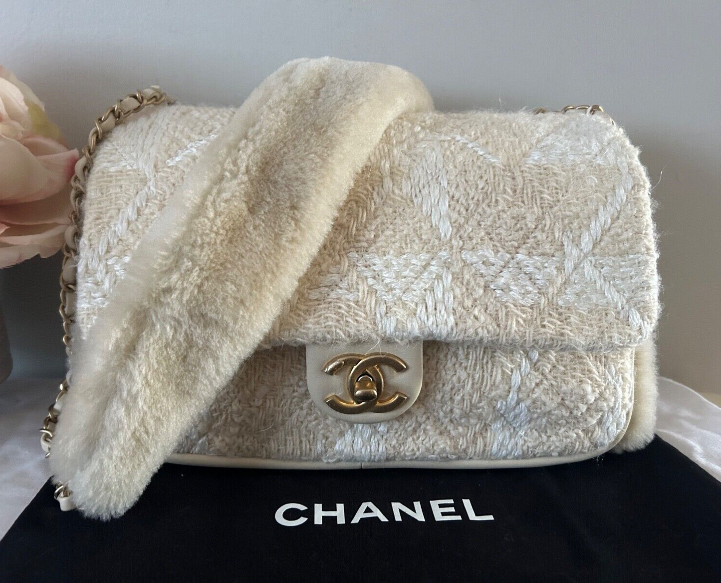 CHANEL CC Tweed Shearling Quilted Lambskin Flap Muff Crossbody Bag Cream