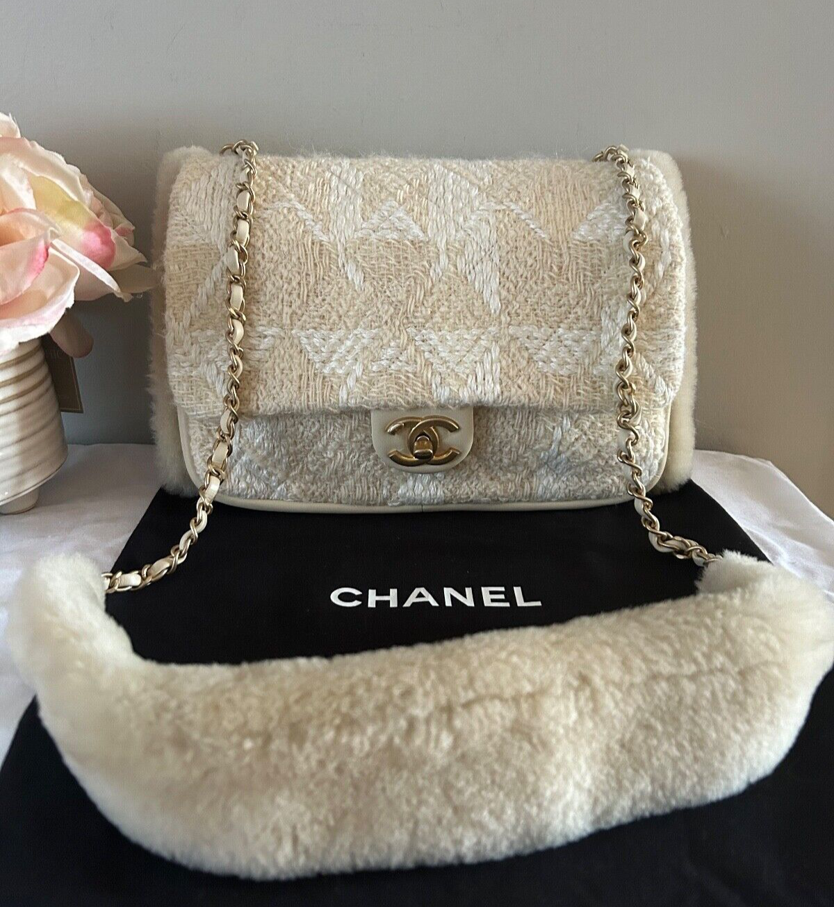 CHANEL CC Tweed Shearling Quilted Lambskin Flap Muff Crossbody Bag Cream