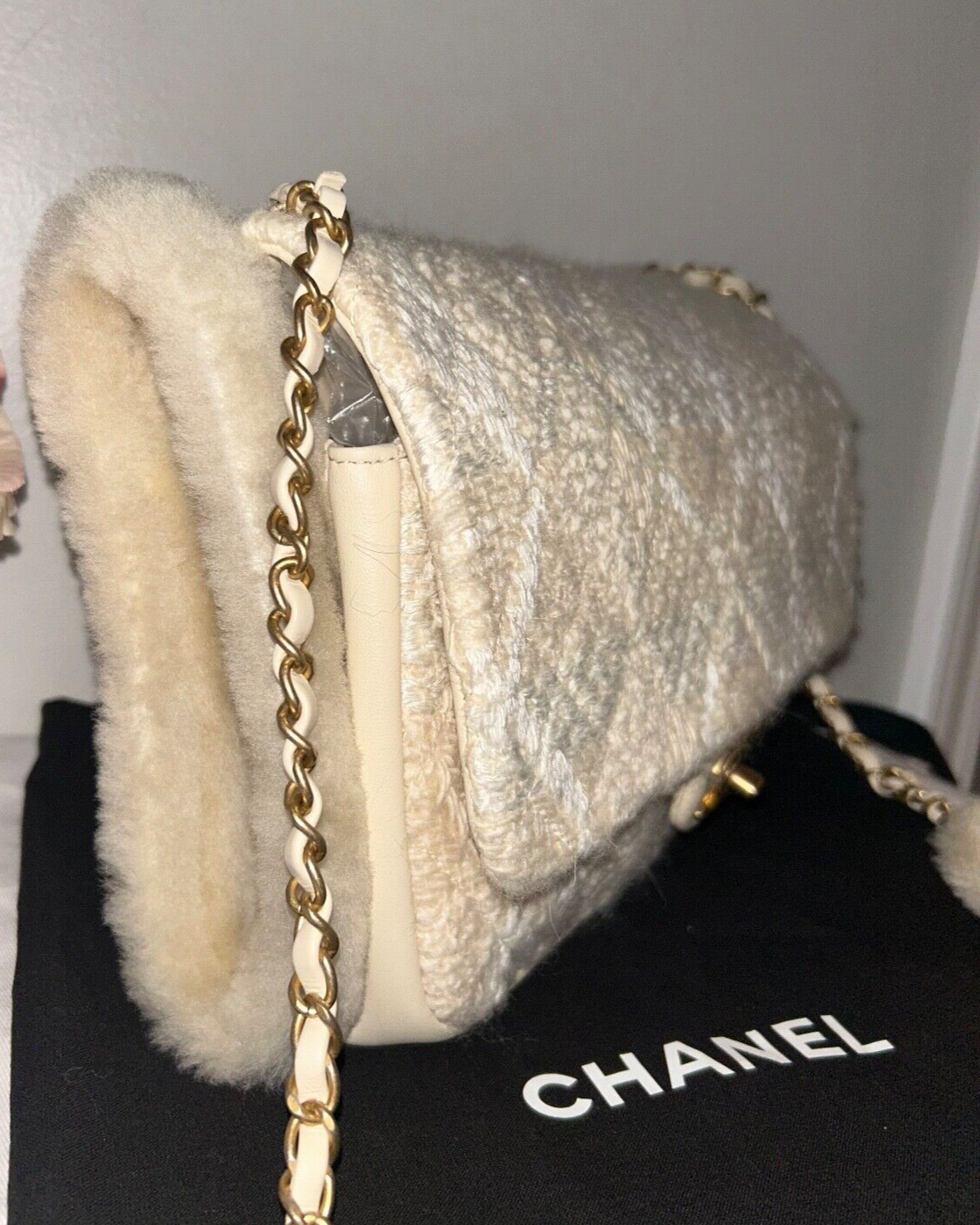 CHANEL CC Tweed Shearling Quilted Lambskin Flap Muff Crossbody Bag Cream