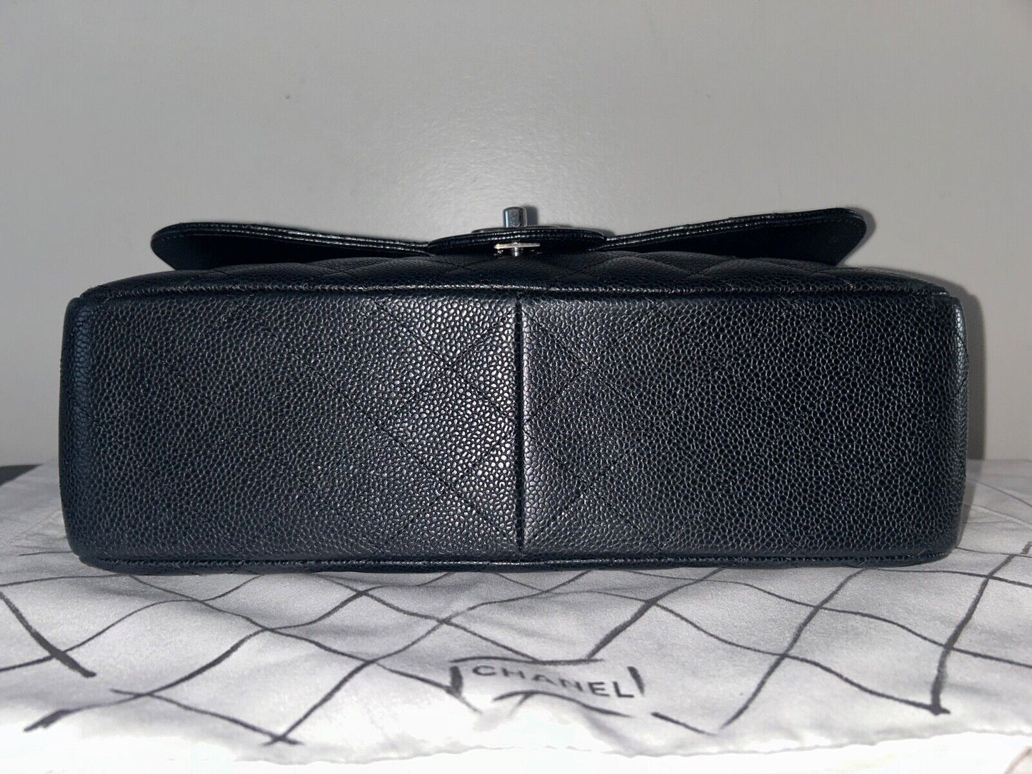 CHANEL Classic Jumbo Double Flap Caviar Leather Handbag Black