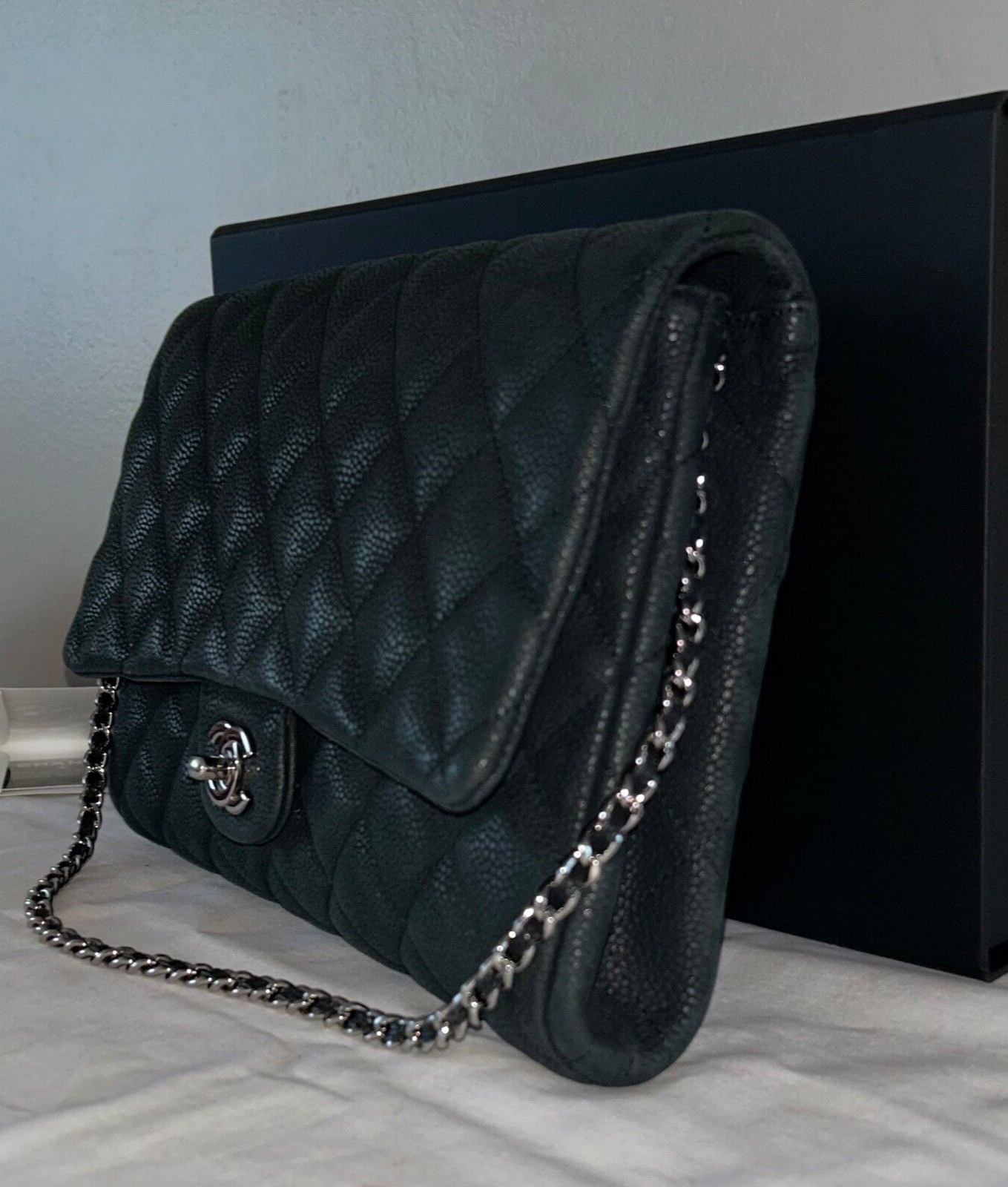 CHANEL Classic CC Quilted Single Flap Shoulder Bag Caviar Leather Black