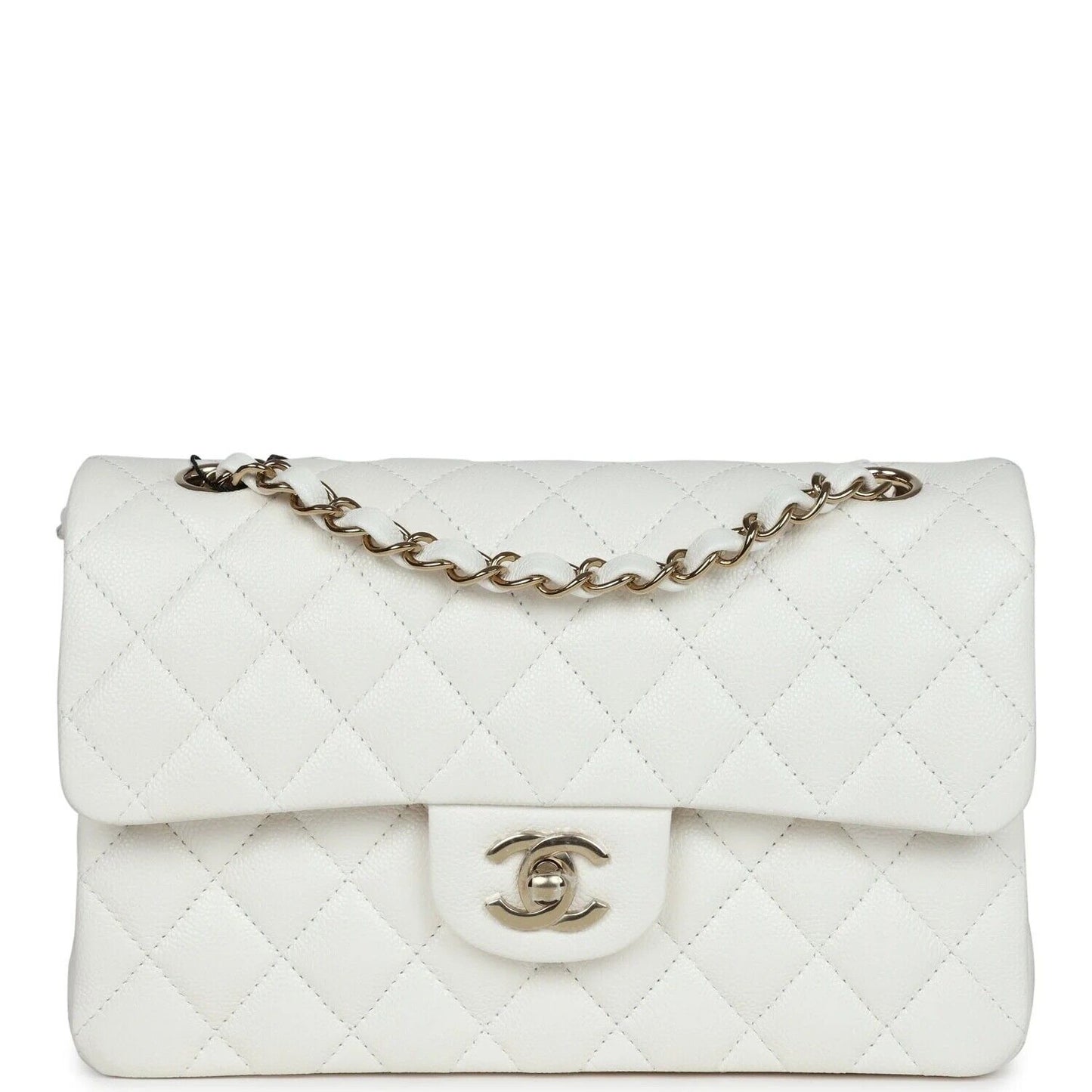 CHANEL Small Classic Double Flap Caviar Handbag White / Light Gold