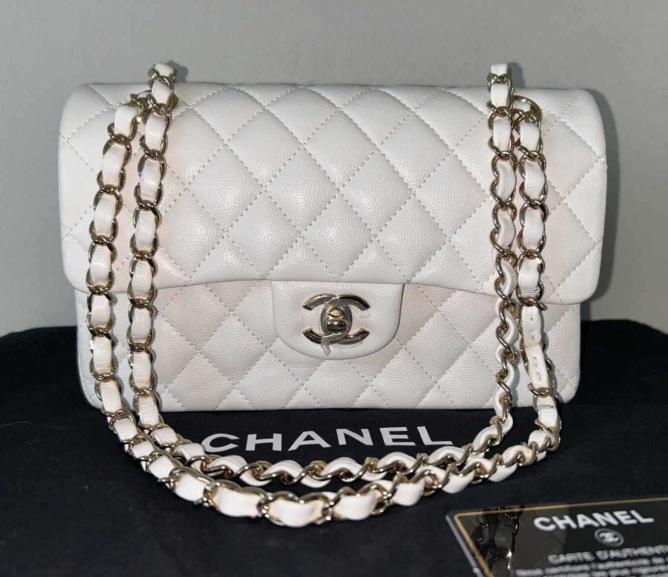 CHANEL Small Classic Double Flap Caviar Handbag White / Light Gold