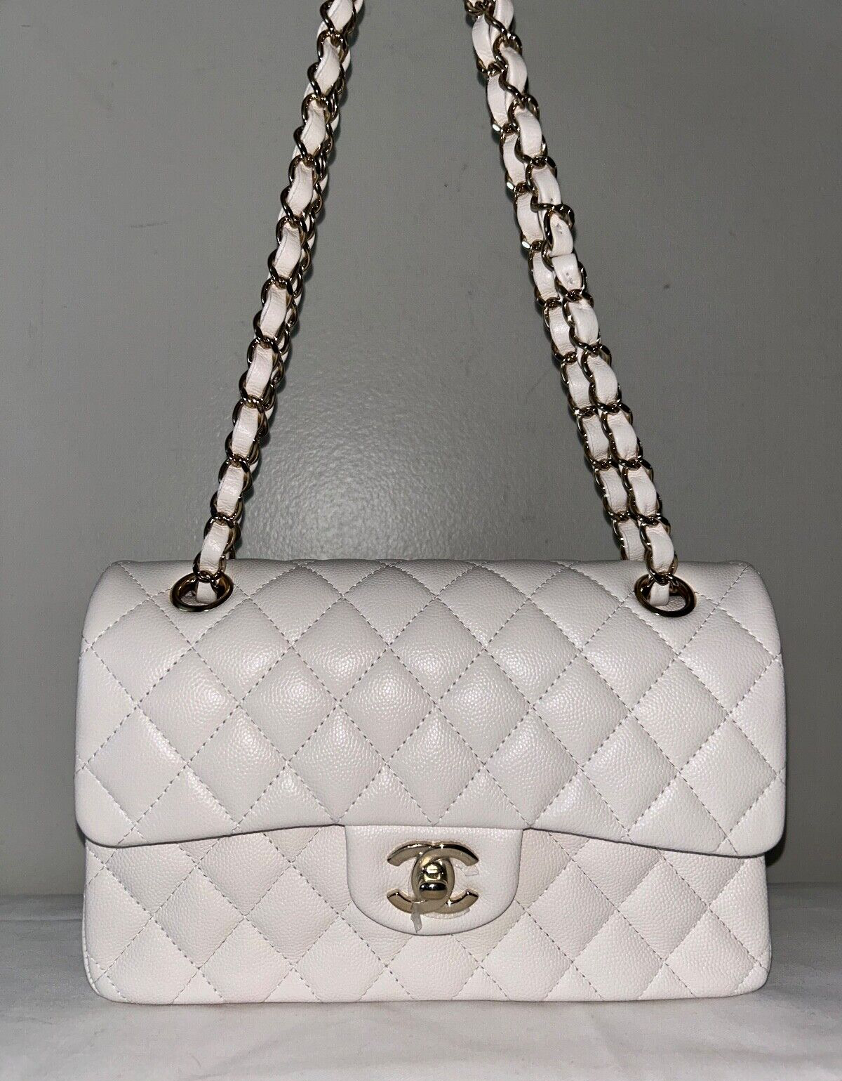 CHANEL Small Classic Double Flap Caviar Handbag White / Light Gold