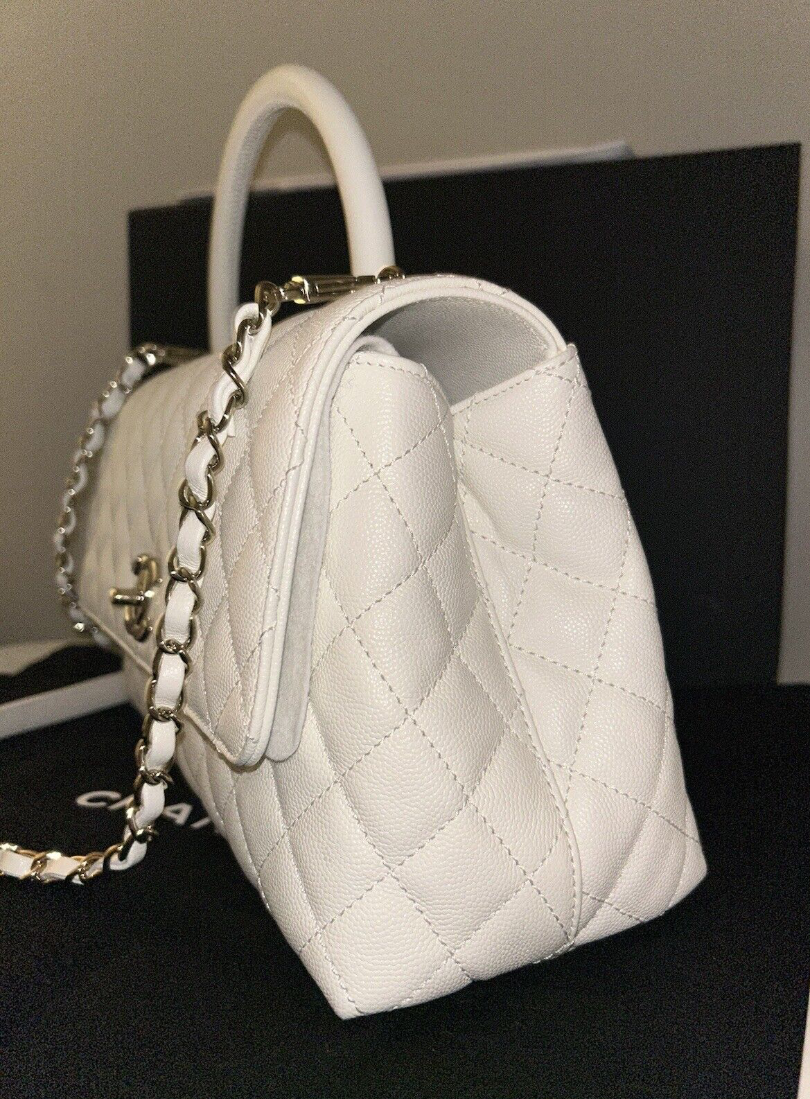 CHANEL 21A Quilted Caviar Coco Handle Flap Bag White/Champagne Gold Hardware