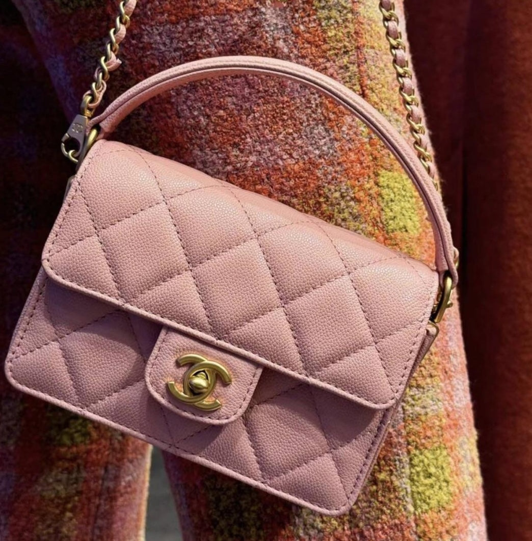 NEW! CHANEL 24K Mini Top Handle Flap Bag Quilted Caviar Light Pink / Gold HW