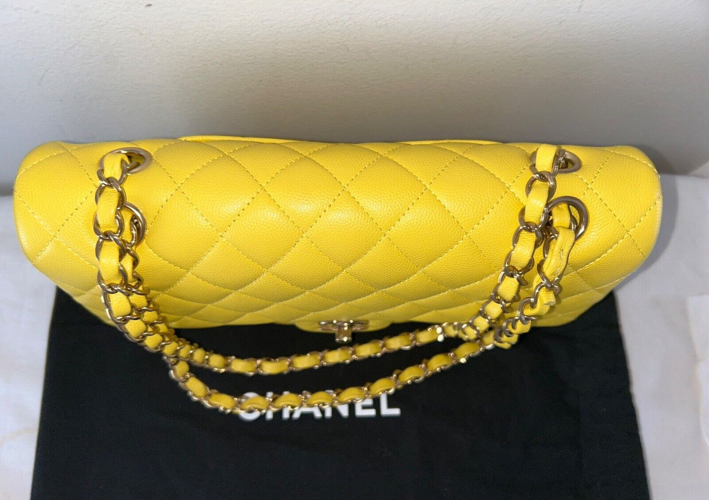 CHANEL 23C Medium Classic Double Flap Caviar Leather Handbag Yellow/Light Gold