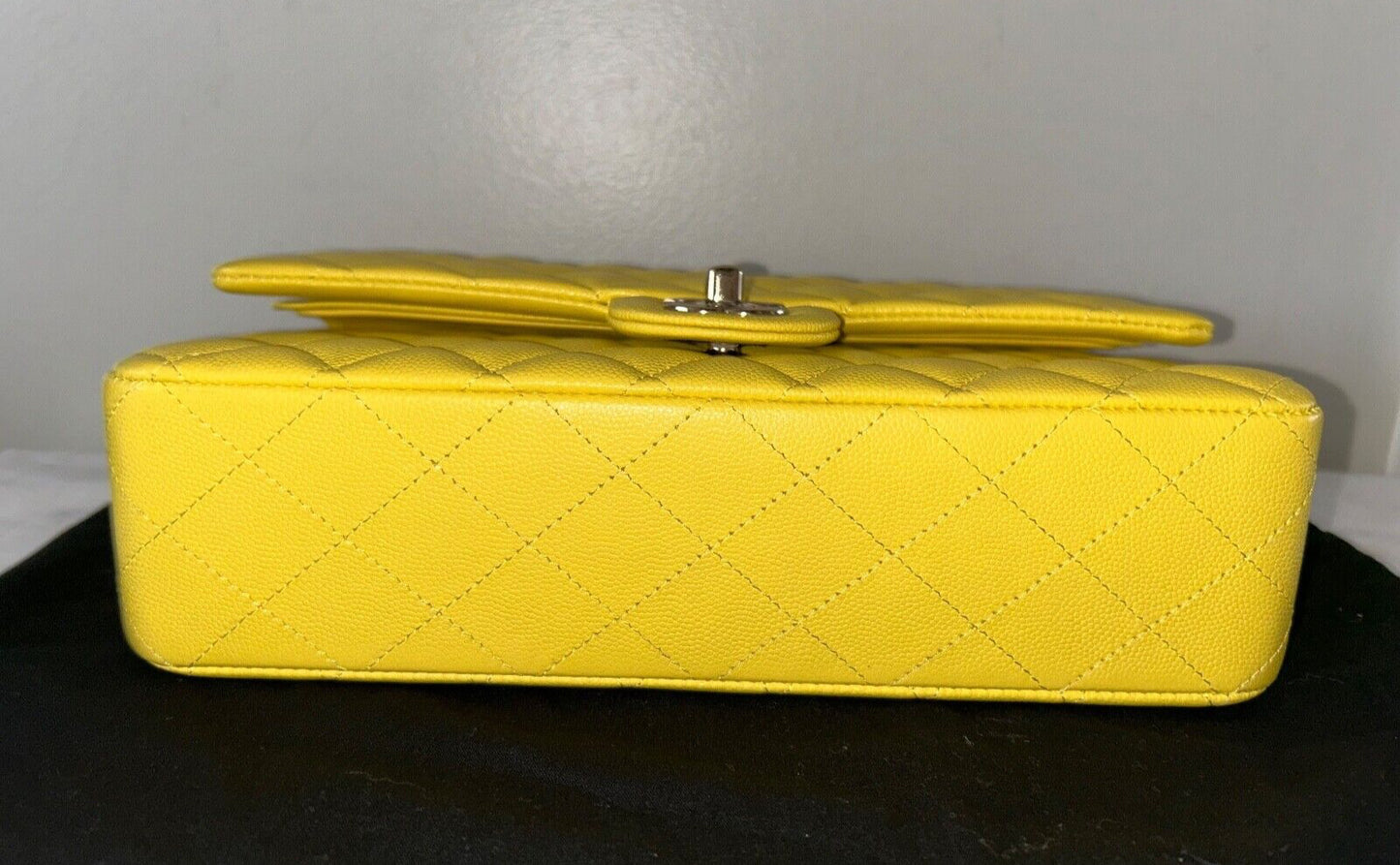 CHANEL 23C Medium Classic Double Flap Caviar Leather Handbag Yellow/Light Gold