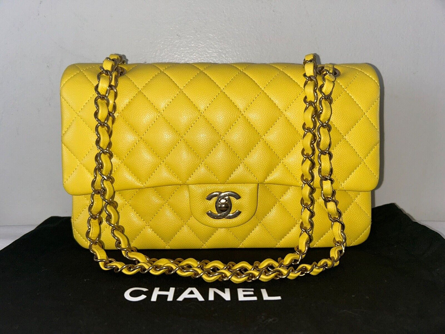 CHANEL 23C Medium Classic Double Flap Caviar Leather Handbag Yellow/Light Gold