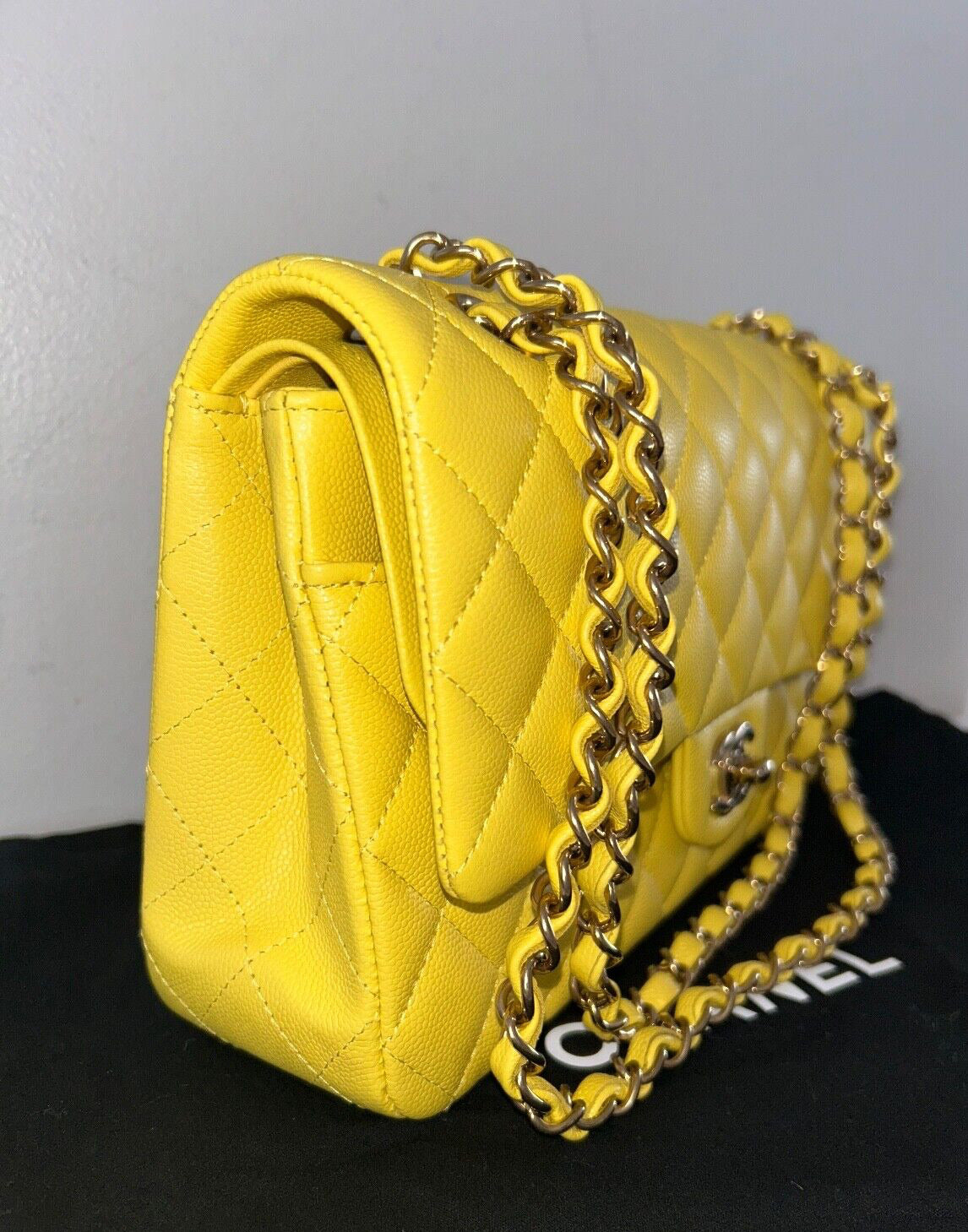 CHANEL 23C Medium Classic Double Flap Caviar Leather Handbag Yellow/Light Gold