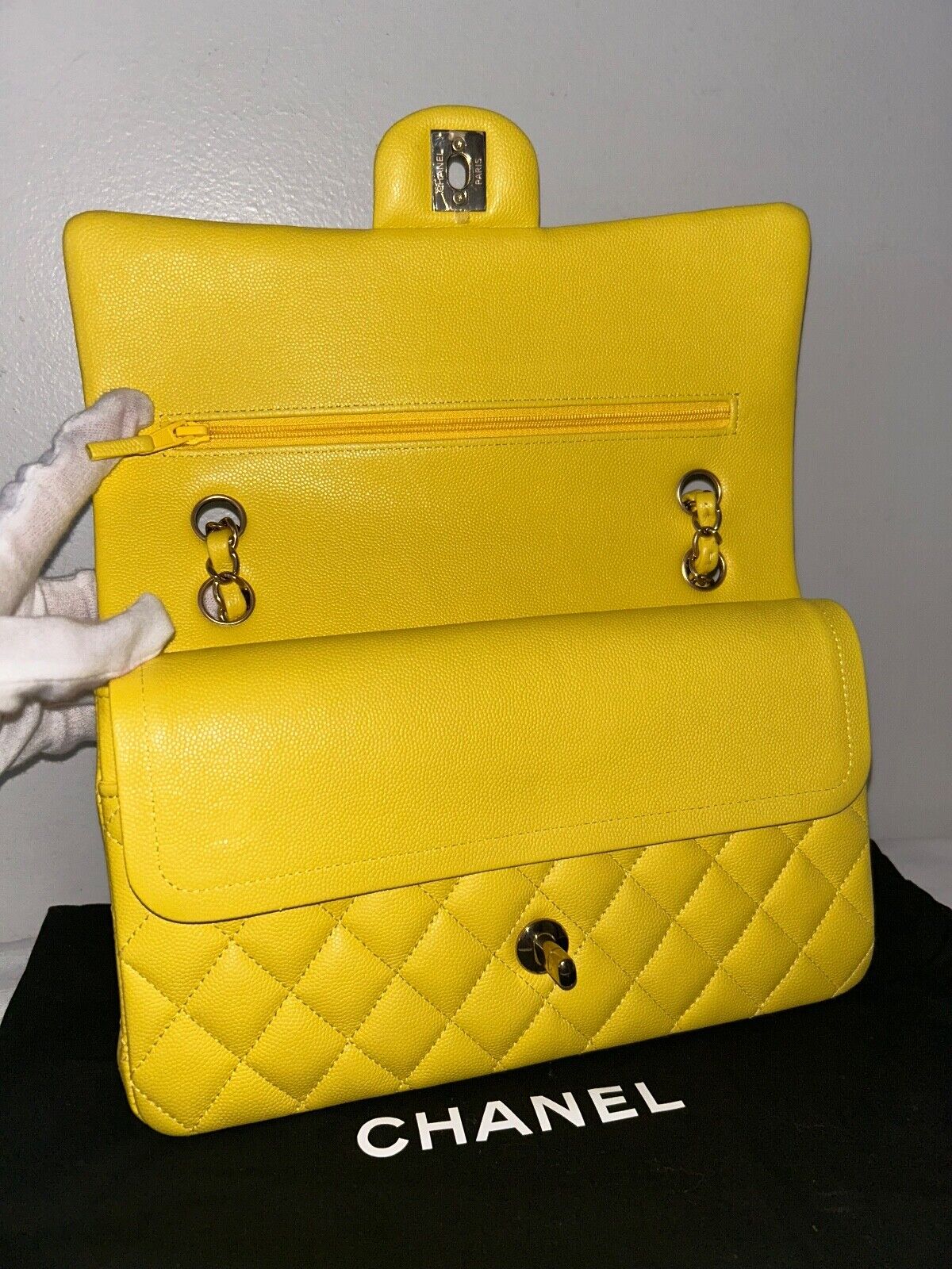 CHANEL 23C Medium Classic Double Flap Caviar Leather Handbag Yellow/Light Gold