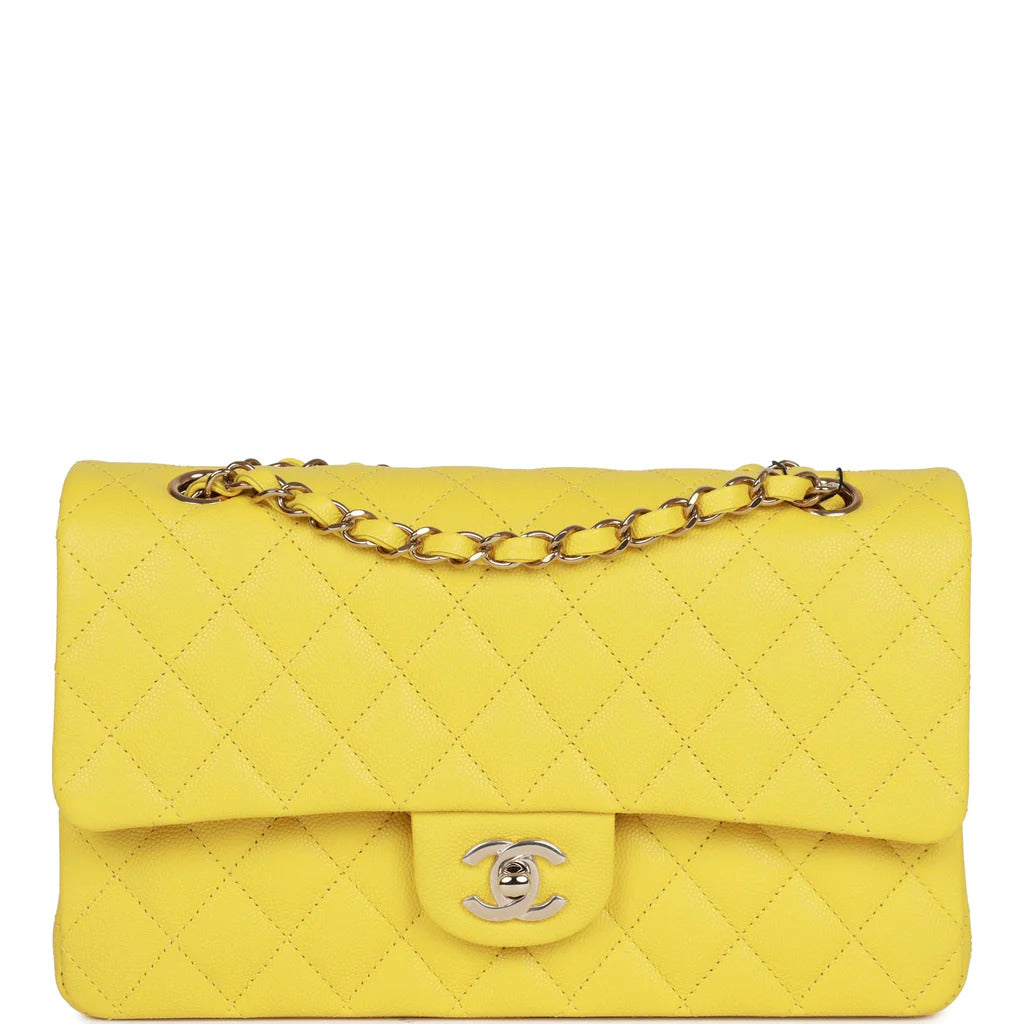 CHANEL 23C Medium Classic Double Flap Caviar Leather Handbag Yellow/Light Gold