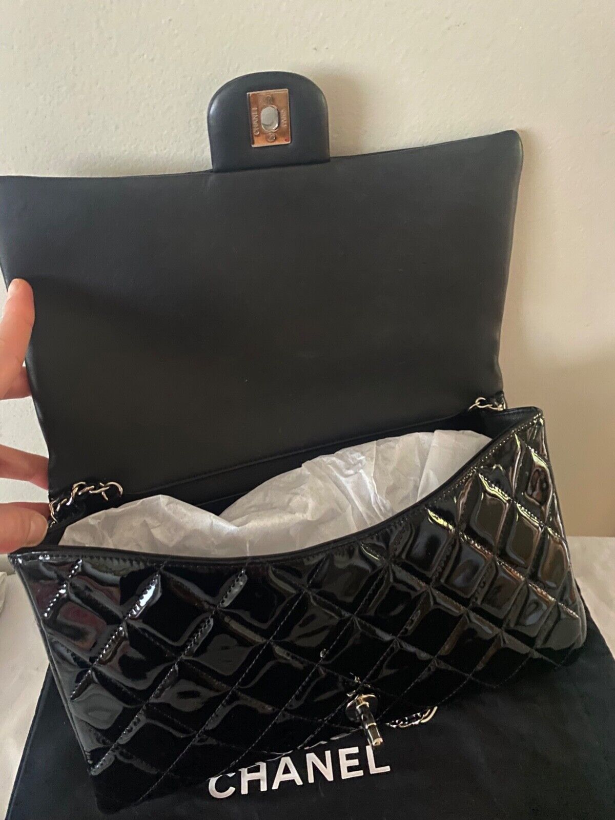 CHANEL Classic CC Quilted Chain Flap Shoulder Bag Patent Leather Black