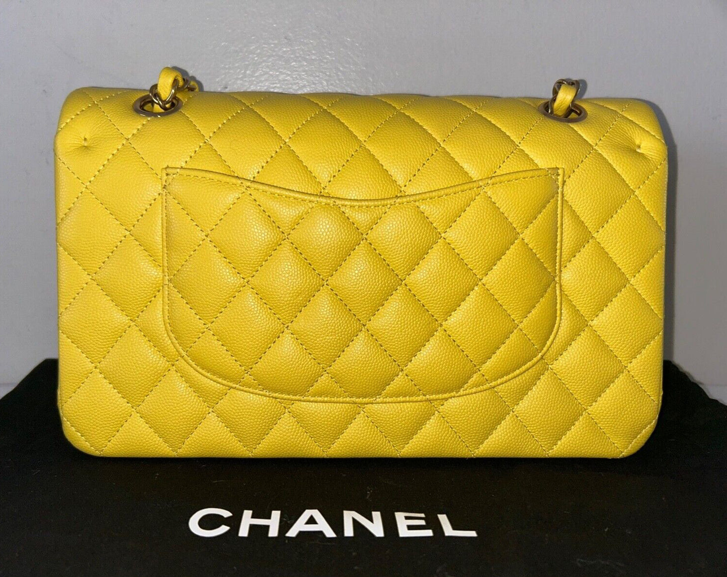 CHANEL 23C Medium Classic Double Flap Caviar Leather Handbag Yellow/Light Gold