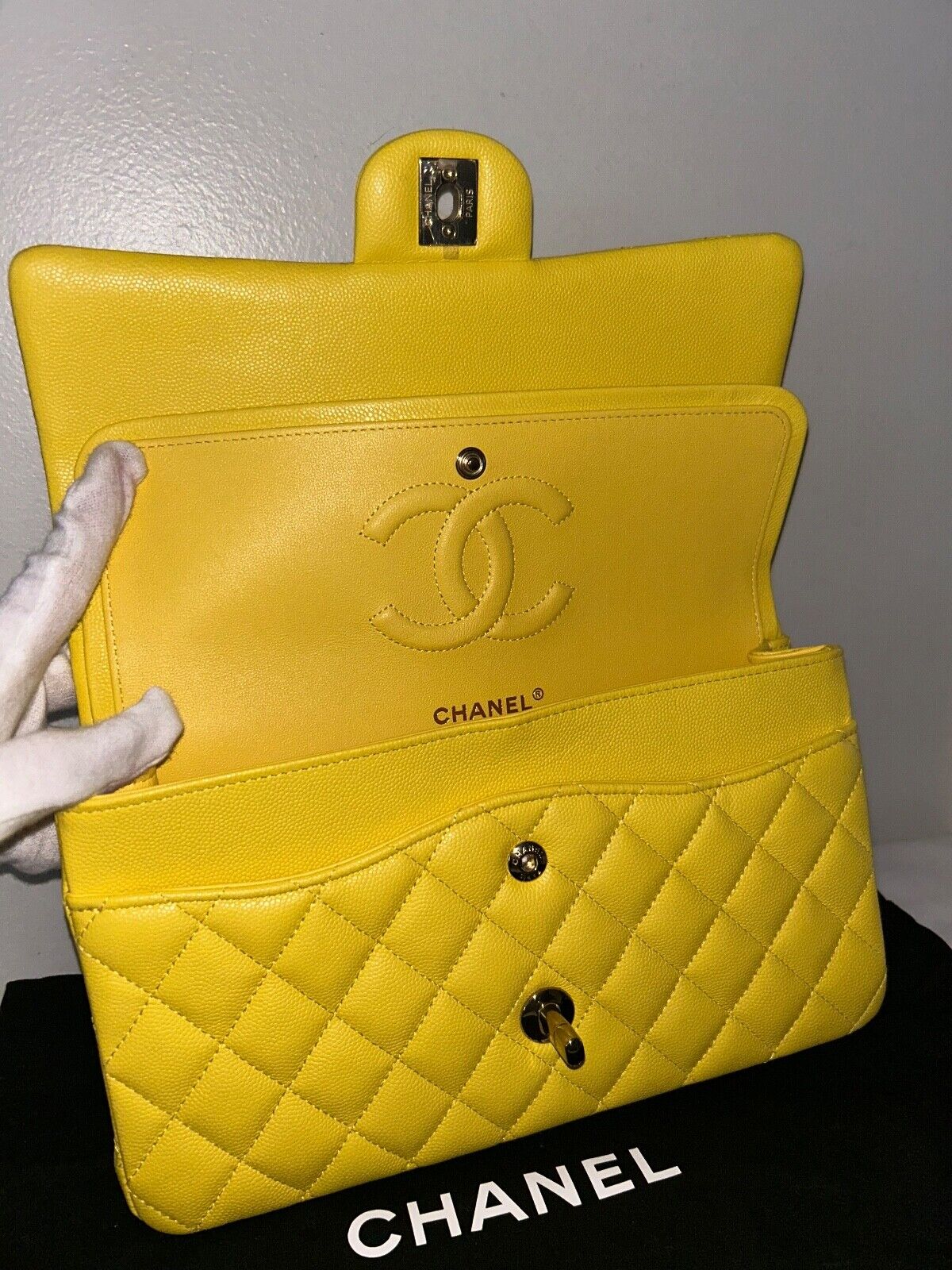 CHANEL 23C Medium Classic Double Flap Caviar Leather Handbag Yellow/Light Gold