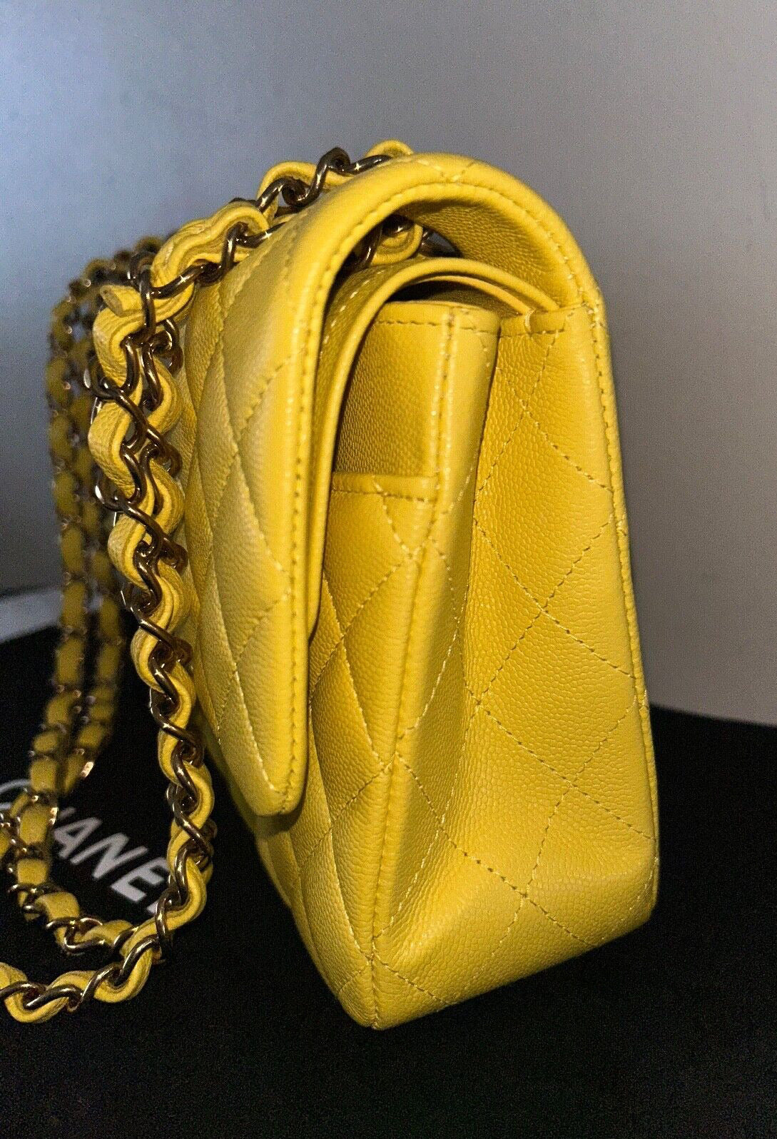 CHANEL 23C Medium Classic Double Flap Caviar Leather Handbag Yellow/Light Gold