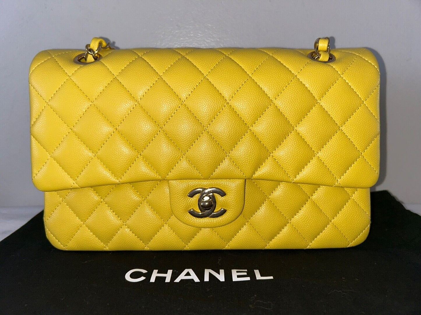 CHANEL 23C Medium Classic Double Flap Caviar Leather Handbag Yellow/Light Gold