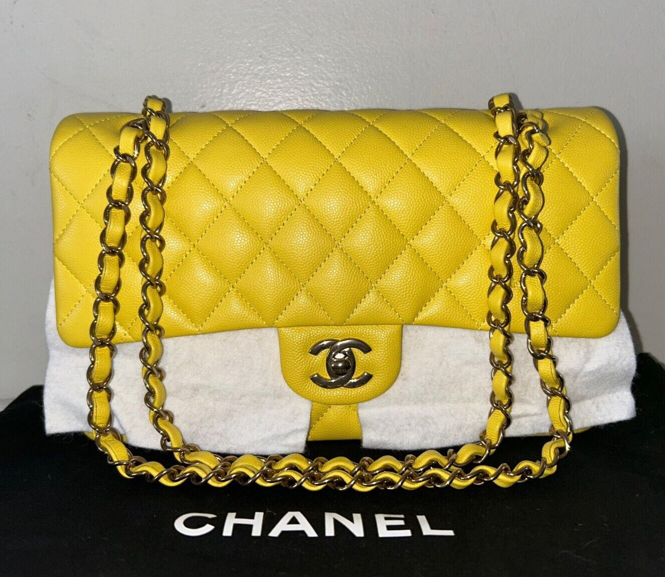 CHANEL 23C Medium Classic Double Flap Caviar Leather Handbag Yellow/Light Gold