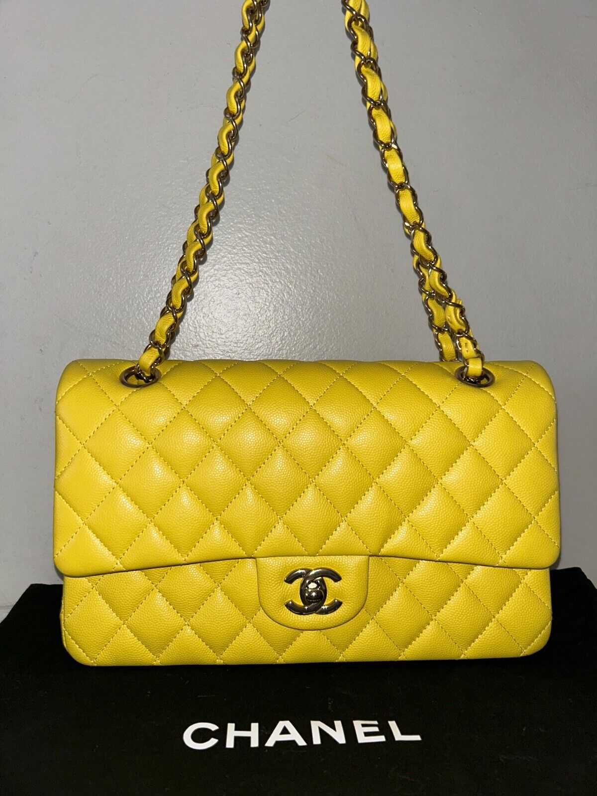 CHANEL 23C Medium Classic Double Flap Caviar Leather Handbag Yellow/Light Gold