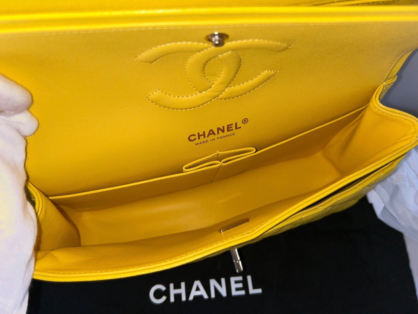 CHANEL 23C Medium Classic Double Flap Caviar Leather Handbag Yellow/Light Gold