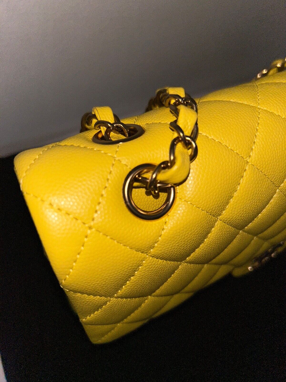 CHANEL 23C Medium Classic Double Flap Caviar Leather Handbag Yellow/Light Gold